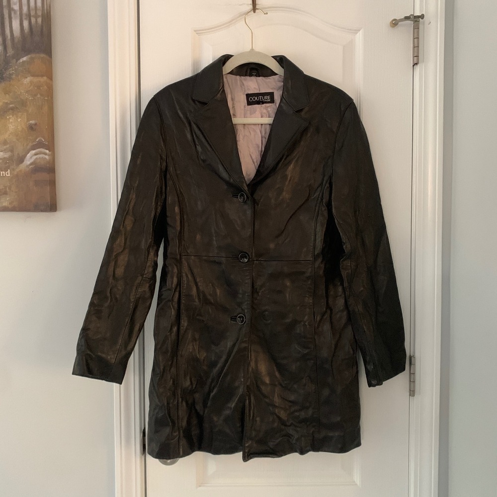 Couture by J. Park Black Leather Trench Coat Jacket Womens‎ Small Mid Length S